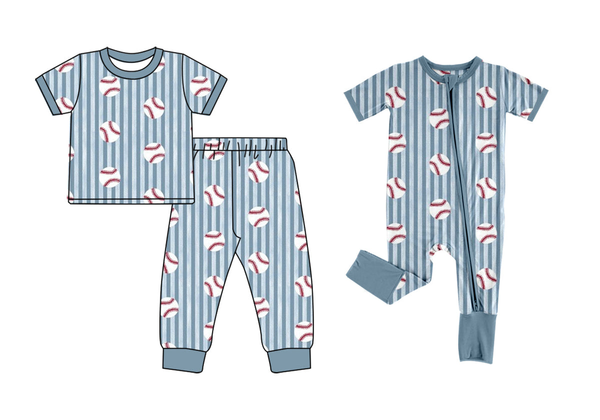Preorder MOQ 5 pcs Each Style Baseball Print Gray Blue Stripe Pajamas Kids Matching Clothes