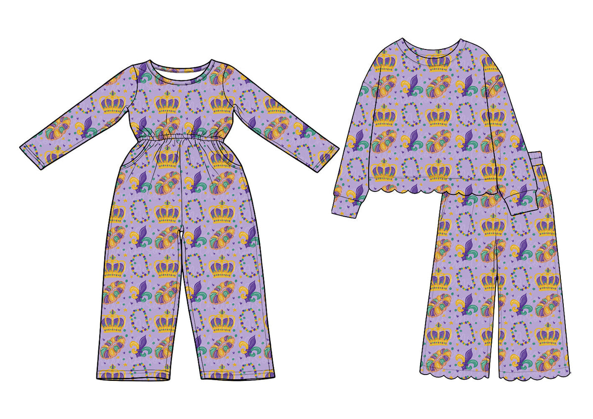 Preorder MOQ 5 pcs Each Style Mardi Gras Girl's Jumpsuit & Scallop Edge Set Kids Matching Clothes 202609