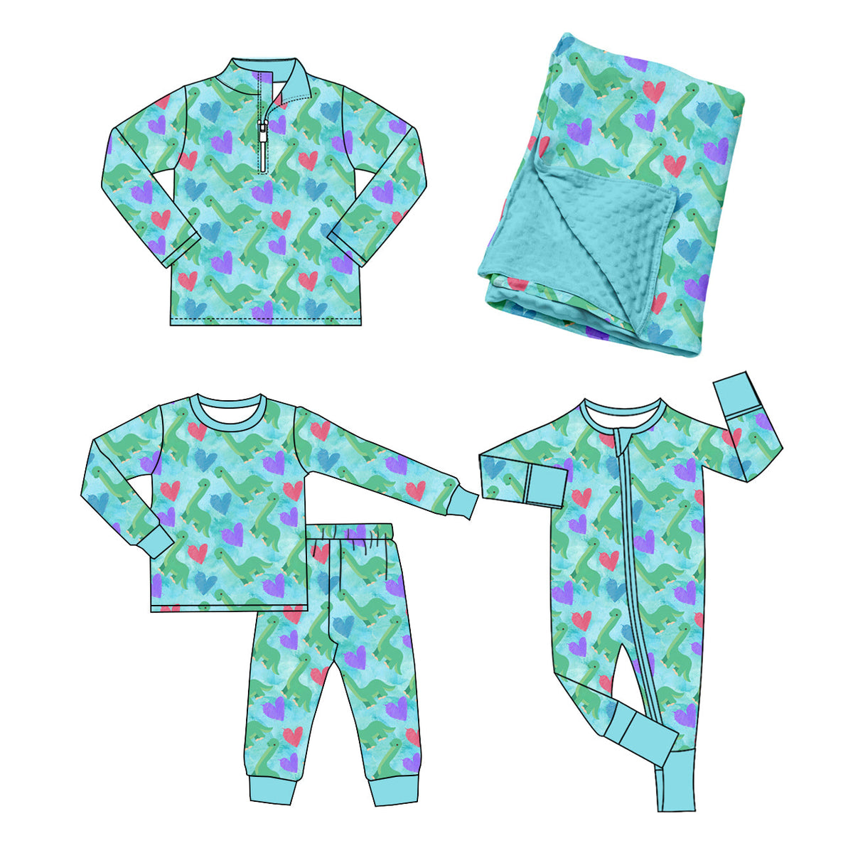 Preorder MOQ 5 pcs Each Style Valentine's Day Love Dinosaur Blue Green Kids Matching Clothes