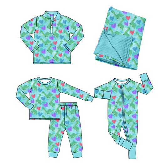 Preorder MOQ 5 pcs Each Style Valentine's Day Love Dinosaur Blue Green Kids Matching Clothes