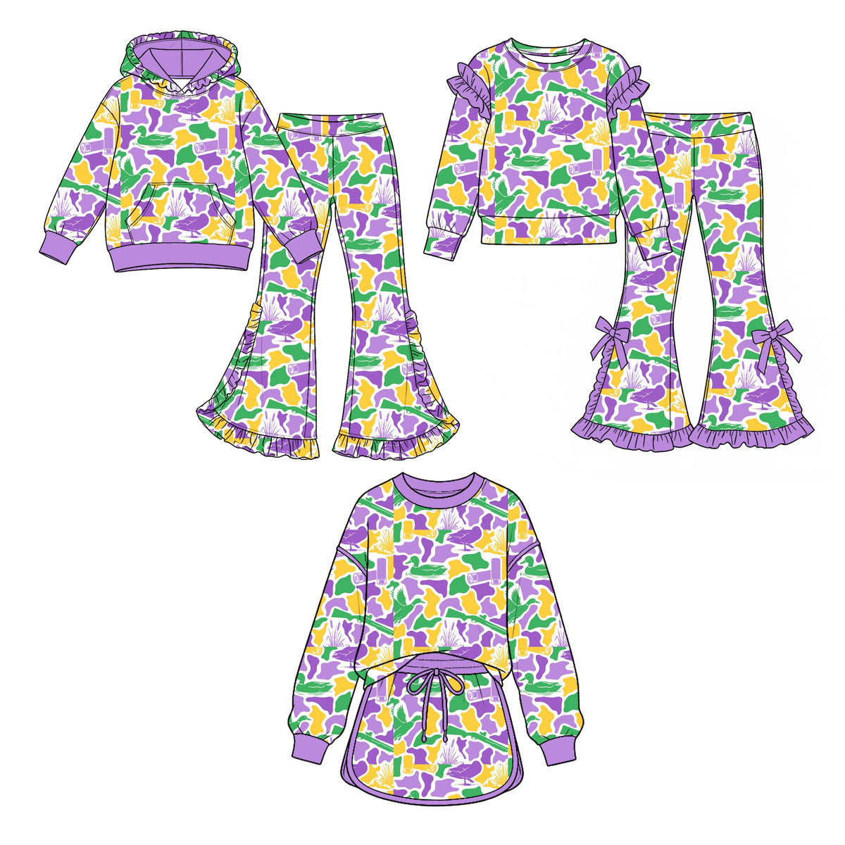 Preorder MOQ 5 pcs Each Style Mardi Gras Camo Ruffles Kids Matching Clothes 202609