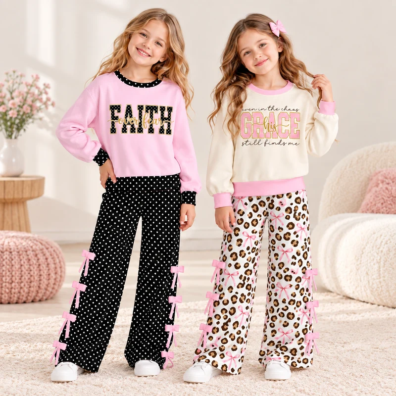 Preorder MOQ 5 pcs Each Style Letter Dots Leopard Bows Kids Matching Clothes