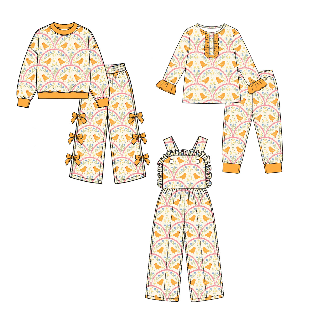 Preorder MOQ 5 pcs Each Style Chick Flower Orange Kids Matching Clothes