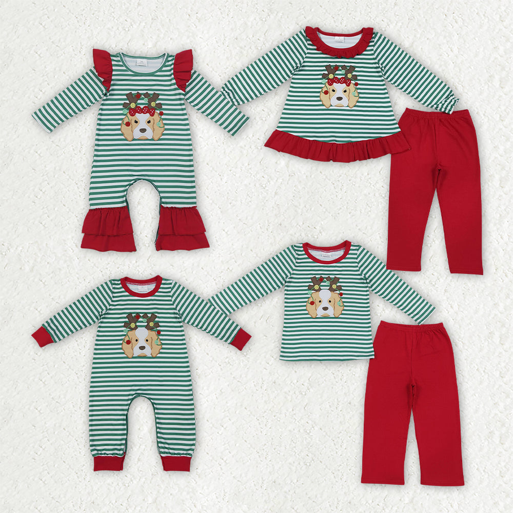 Christmas Embroidery Puppy Antlers Stripe Red Kids Sibling Matching Clothes