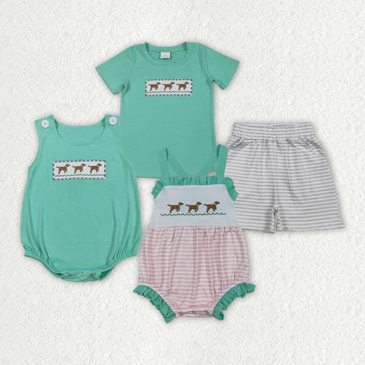Sibling Matching Clothes Embroidered Puppy Blue Green Sets 202603 RTS