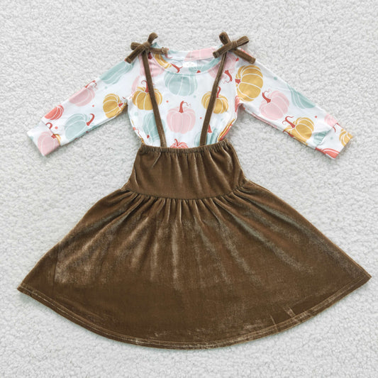 GSD0448 Brown Velvet Girls Flutter Sleeve Dresses Overall Suspender Girls Long Sleeve Dresses