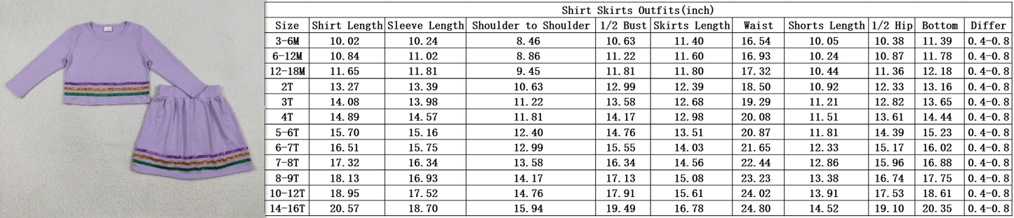 GLD1573 Mardi Gras Purple Long Sleeve Skirts Girls Sets 202601 RTS