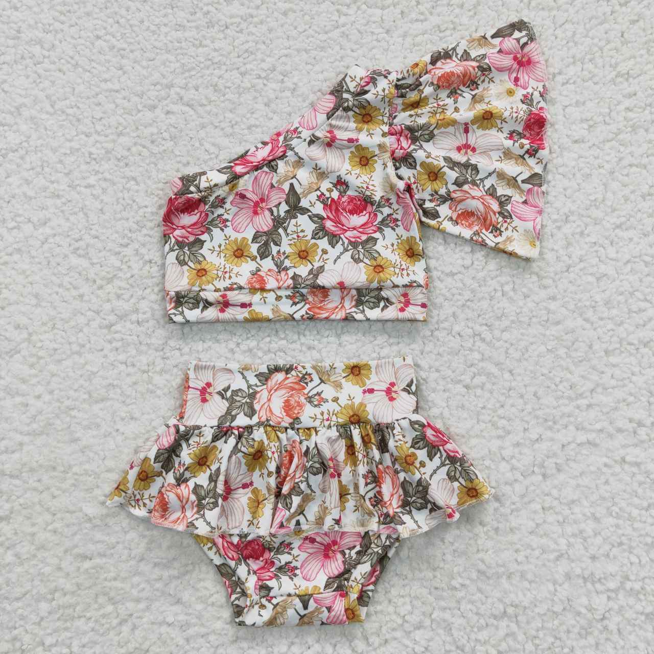 GBO0157 Pink Floral Flower Girls Sleeveless Bummies Outfits