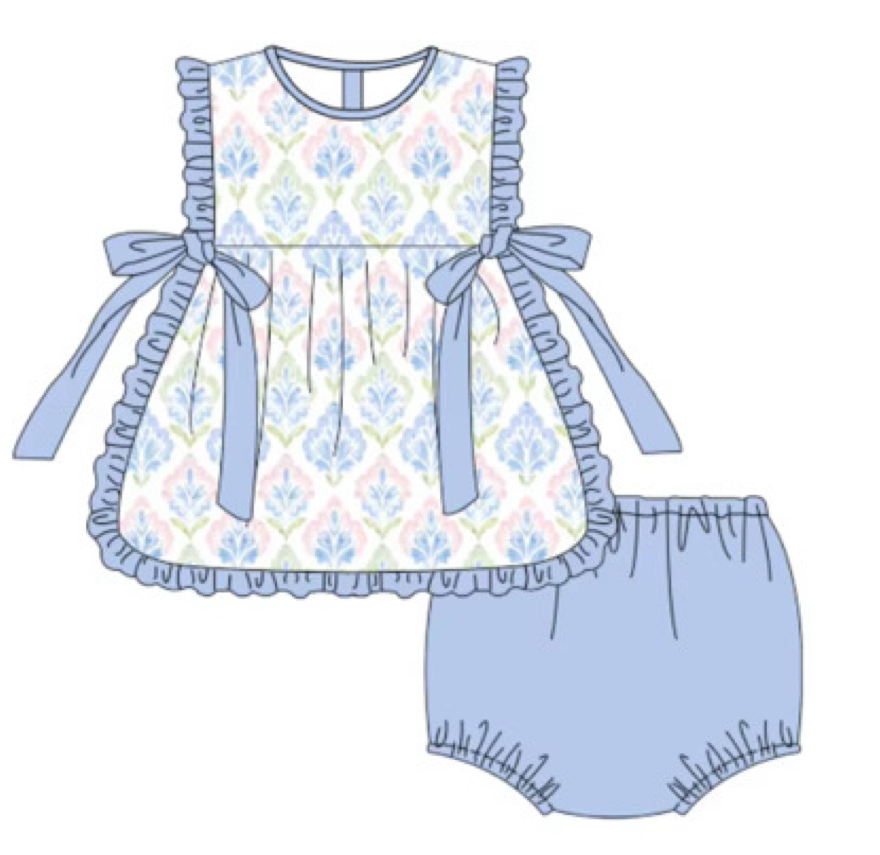 CUSTOM MOQ 5 PCS preorder Floral Bows Blue Ruffle Sleeveless Bubble Bummies Girls Sets 202511