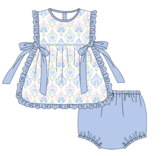 CUSTOM MOQ 5 PCS preorder Floral Bows Blue Ruffle Sleeveless Bubble Bummies Girls Sets 202511