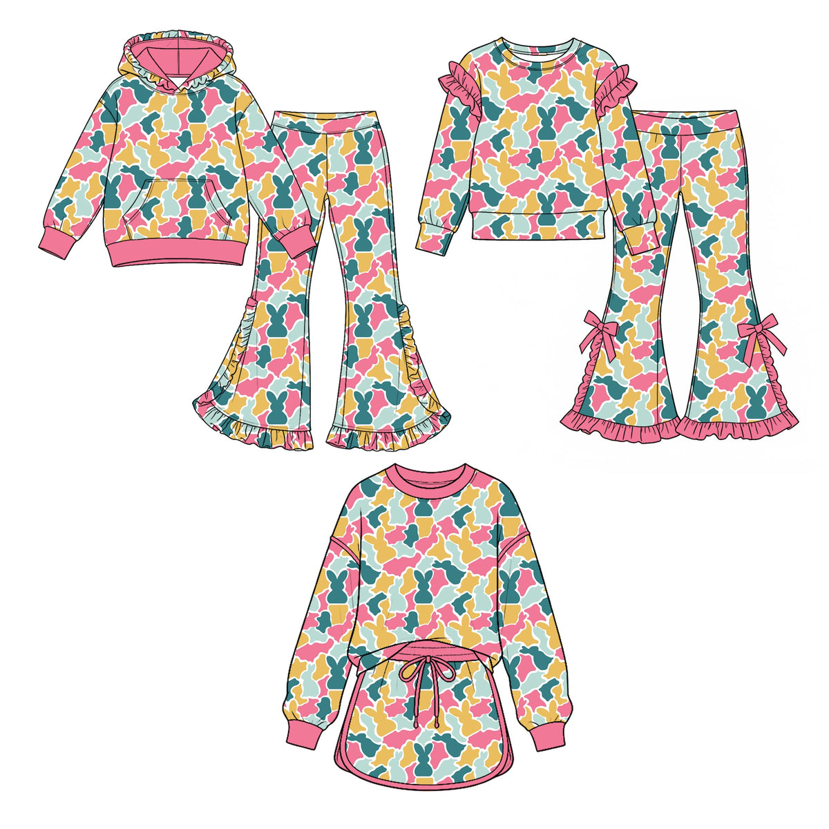 Preorder MOQ 5 pcs Each Style Easter Bunny Camo Ruffles Kids Matching Clothes 202609