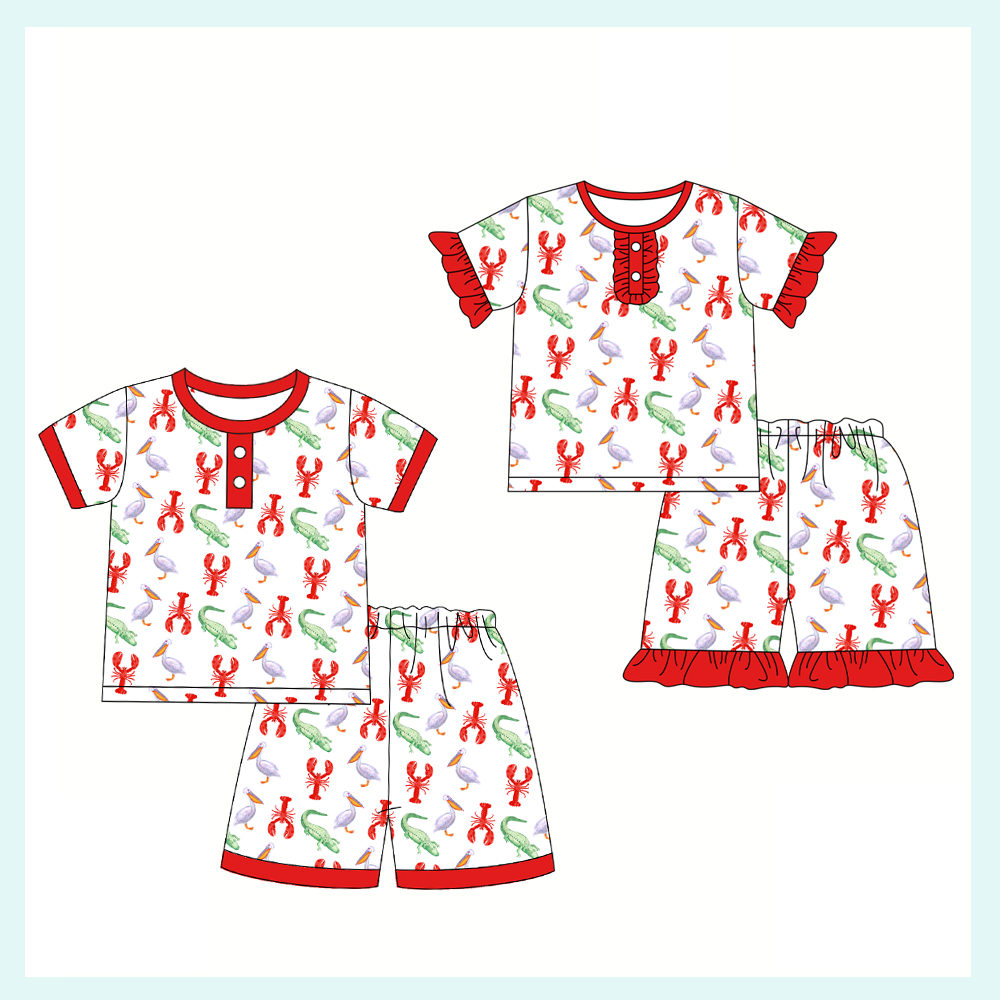 Preorder  GSSO0689 Red Green Crayfish  Girls Short Sleeve Shorts Outfits