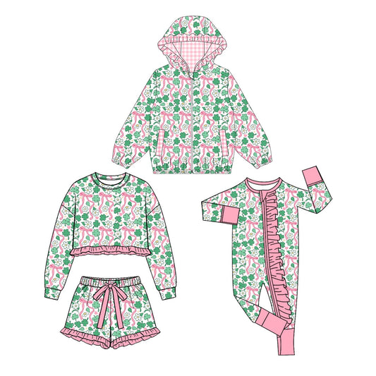 Preorder MOQ 5 pcs Each Style Saint Patrick Leaves Flower Bows Kids Matching Clothes