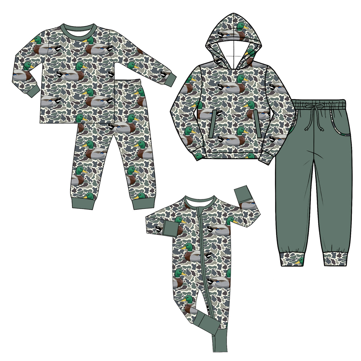 Preorder MOQ 5 pcs Each Style Hunting Camo Mallard Ducks Dark Green Kids Matching Clothes