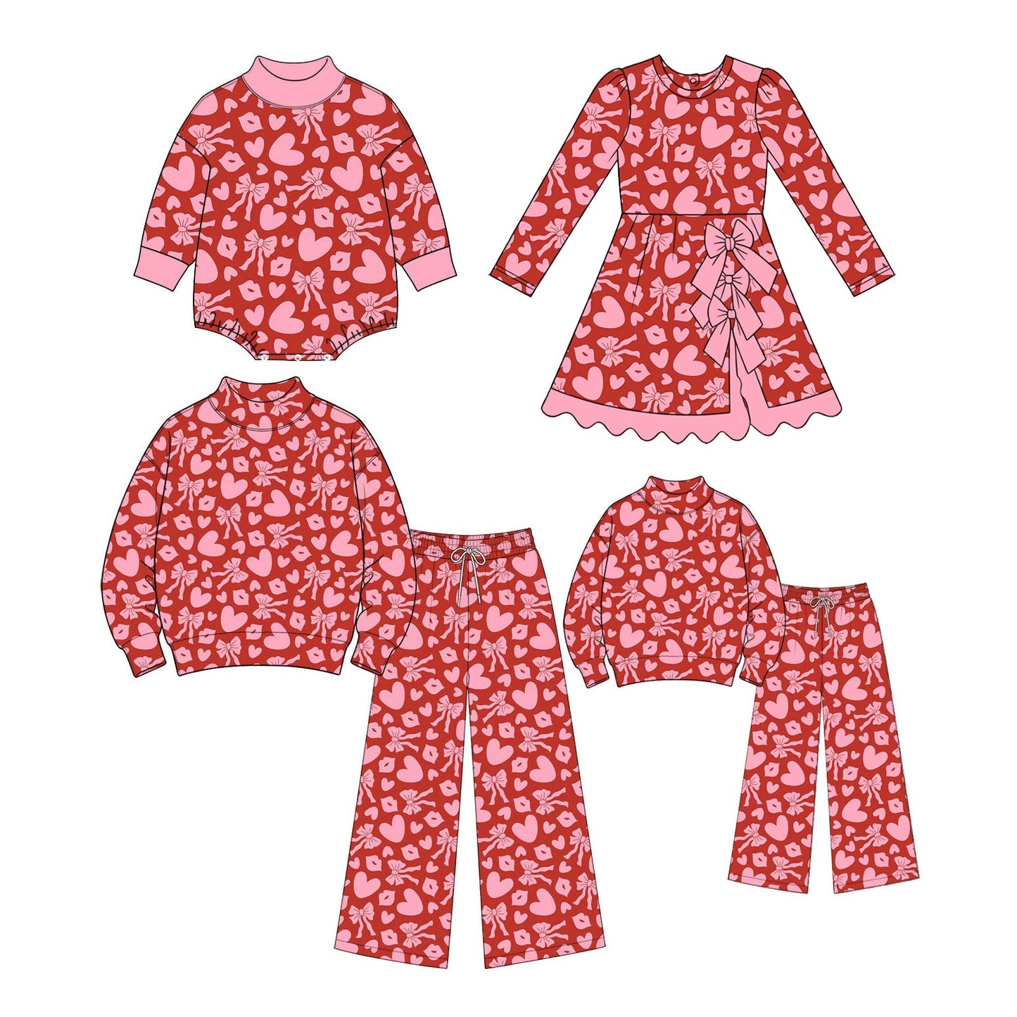 Preorder MOQ 5 pcs Each Style Valentine's Day Love Bows Mommy and Me Matching Clothes 202609