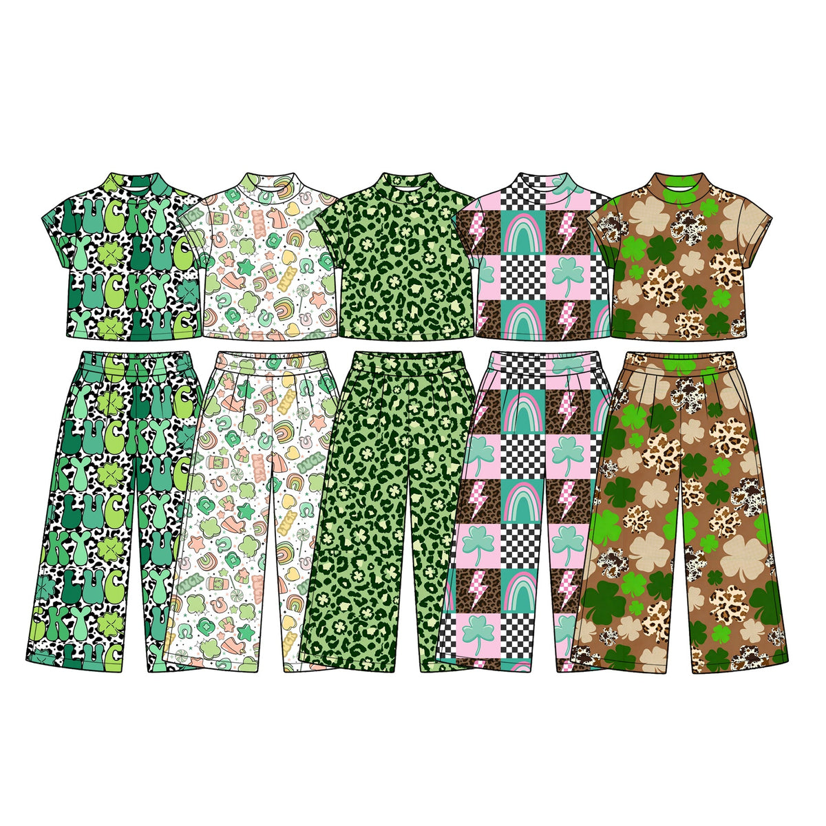 Preorder MOQ 5 pcs Each Style Saint Patrick Leaves Mockneck Kids Matching Clothes