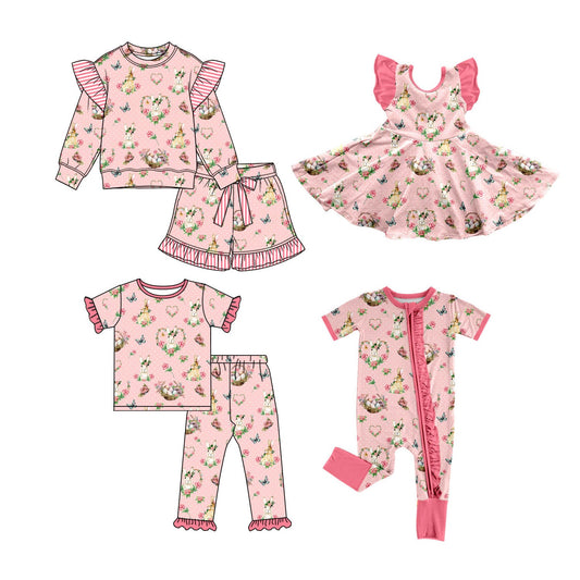 Preorder MOQ 5 pcs Each Style Easter Bunny Flower Pink Kids Matching Clothes