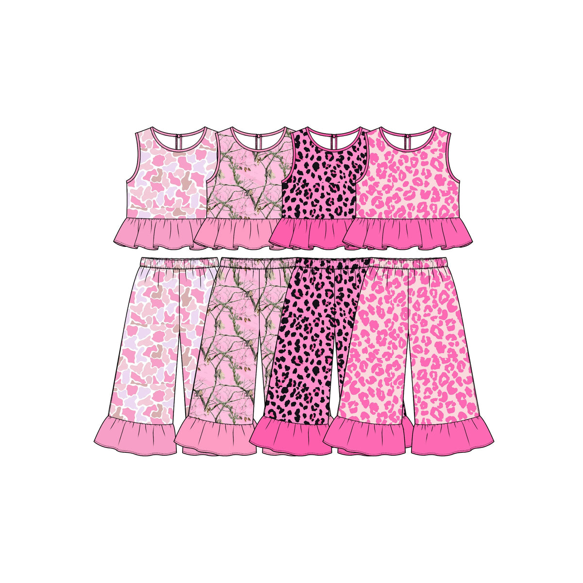 Preorder MOQ 5 pcs Each Style Camo Leopard Leaves Pink Ruffles Kids Matching Clothes