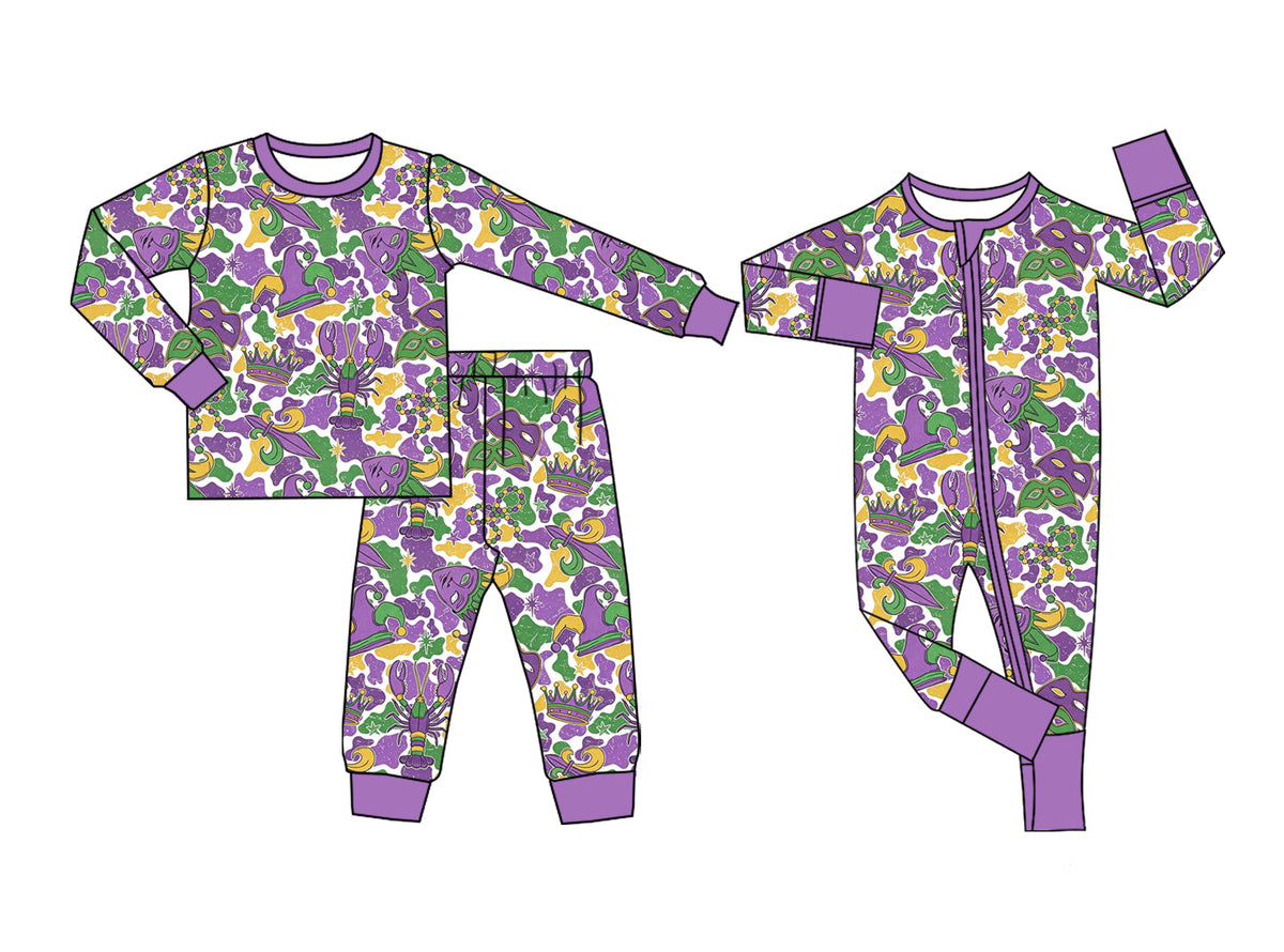 Preorder MOQ 5 pcs Each Style Mardi Gras Mask Camo Boys Pajamas Outfits Kids Matching Clothes 202609