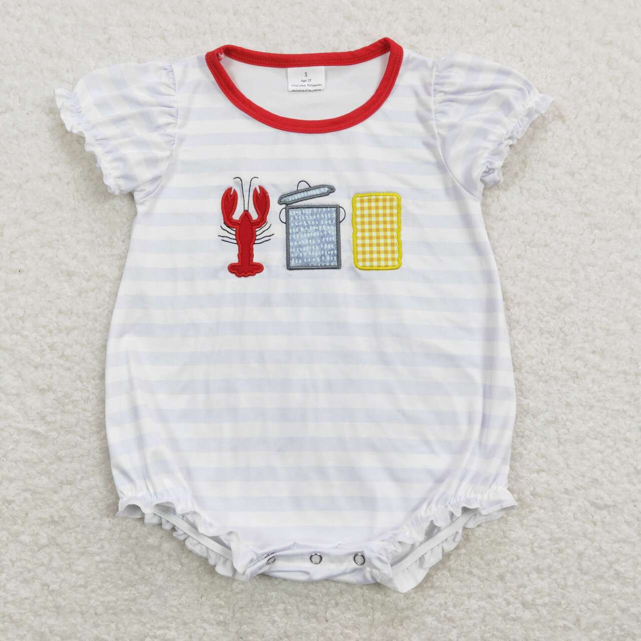 SR0743 Red Crayfish  Embroidery  Girls Short Sleeve Romper