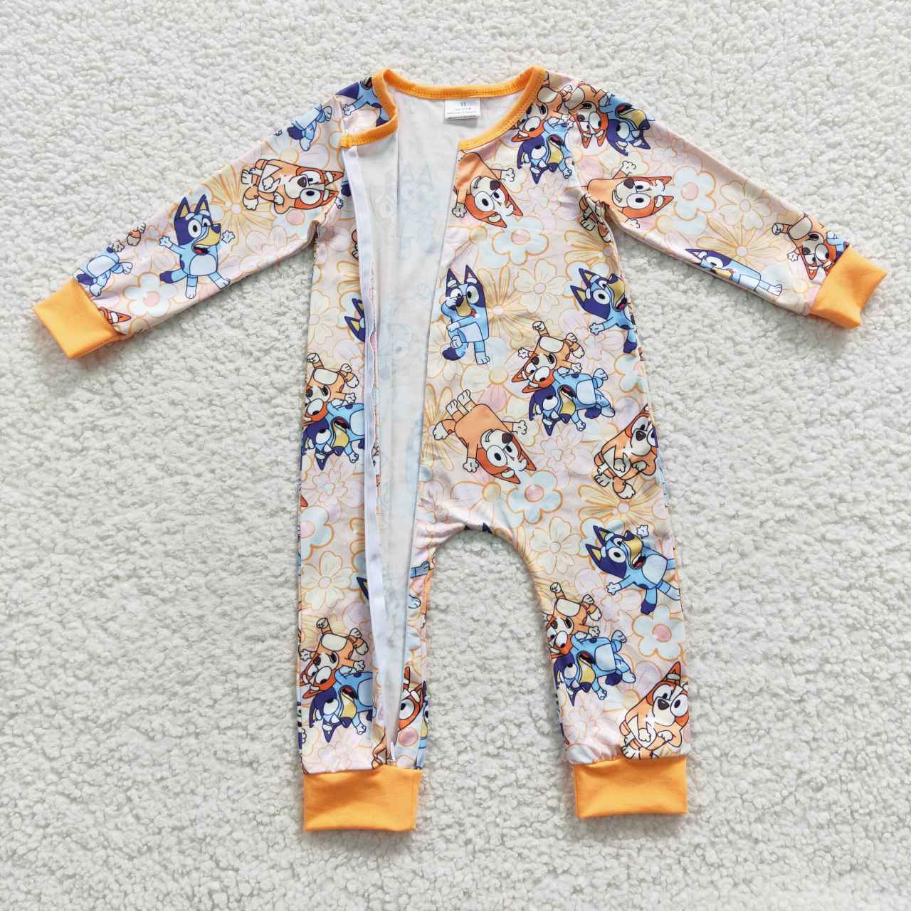 LR0360 Yellow Blue Dog Cartoon Zipper Girls Long Sleeve Romper