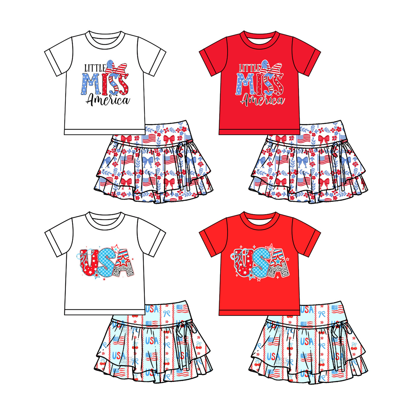 MOQ 5 PCS Pre-Order Sibling Matching Clothes 4th of July Girls Yoga Skirts Sets 202601