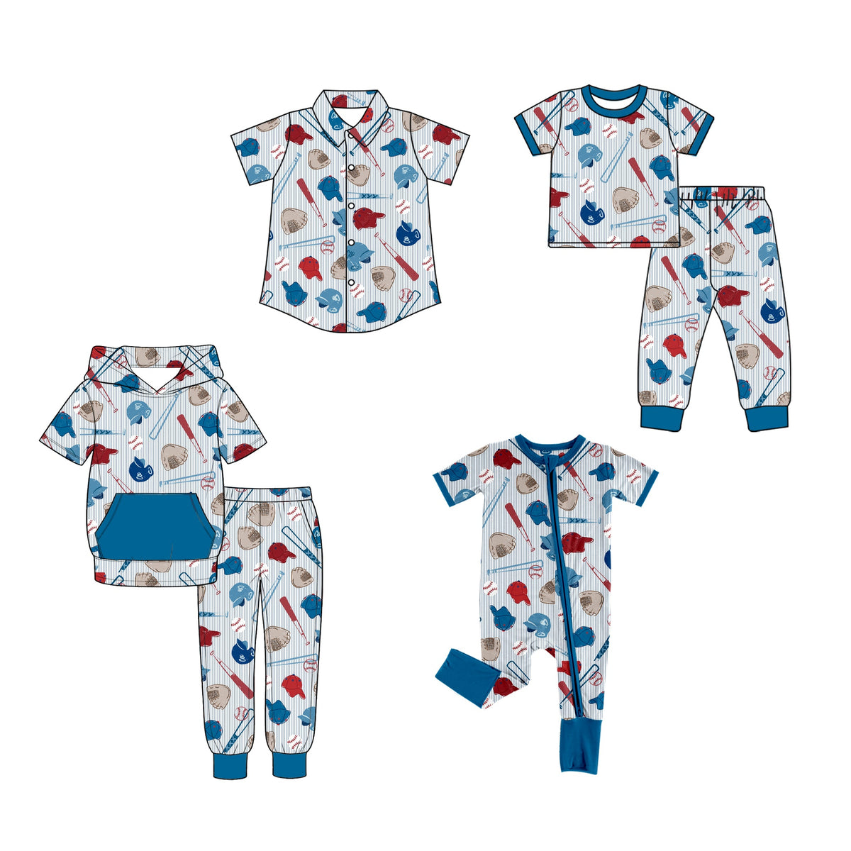 Preorder MOQ 5 pcs Each Style GO TEAM Baseball Print Stripe Blue Kids Matching Clothes