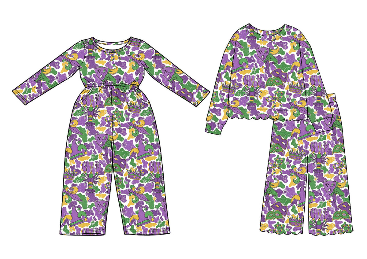 Preorder MOQ 5 pcs Each Style Mardi Gras Mask Camo Girl's Jumpsuit & Scallop Edge Set Kids Matching Clothes 202609