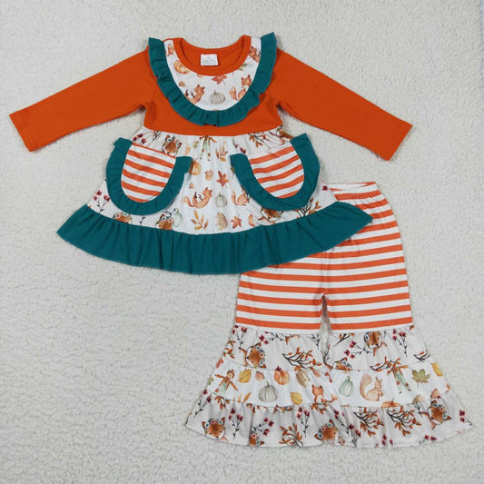 GLP0743 Fox Full Red Green   Pockets Ruffles Girls Long Sleeve Bell Bottom Pants Outfits