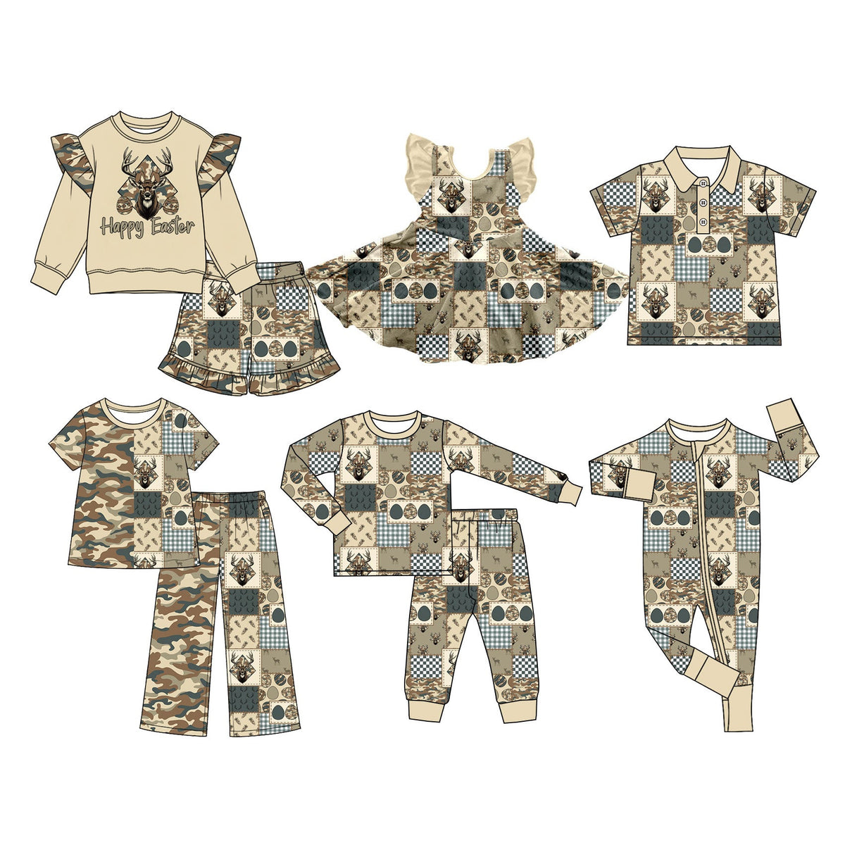 Preorder MOQ 5 pcs Each Style Happy Easter Camo Kids Matching Clothes