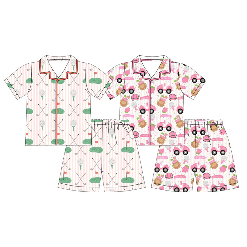 Preorder MOQ 5 pcs Each Style Golf Print Girls Shorts Pajamas Sets Kids Matching Clothes