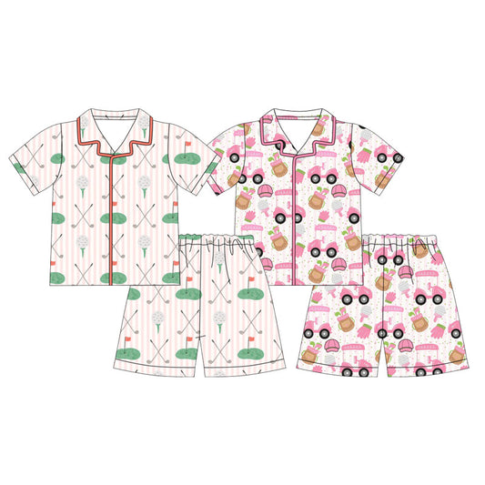 Preorder MOQ 5 pcs Each Style Golf Print Girls Shorts Pajamas Sets Kids Matching Clothes