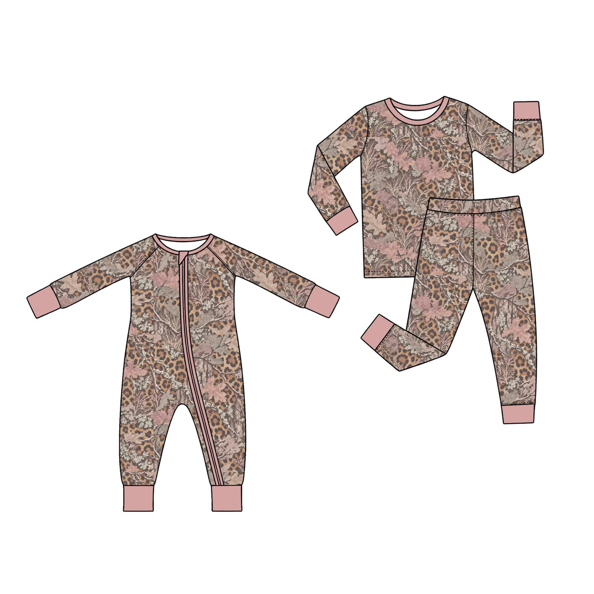 Preorder MOQ 5 pcs Each Style Hunting Leaves Leopard Gray Pink Pajamas Kids Matching Clothes