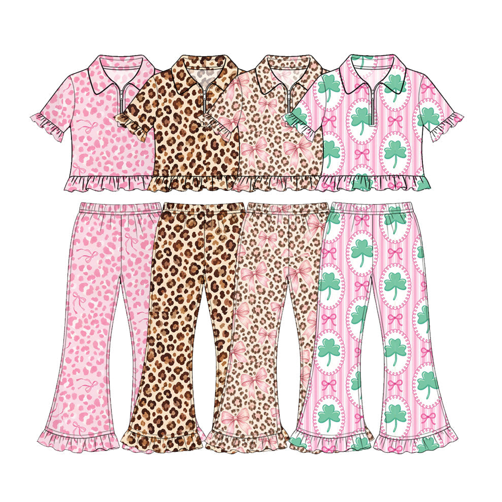 Preorder MOQ 5 pcs Each Style Bows Leopard Saint Patrick Leaves Kids Matching Clothes