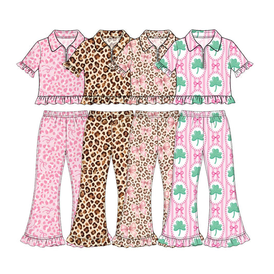 Preorder MOQ 5 pcs Each Style Bows Leopard Saint Patrick Leaves Kids Matching Clothes