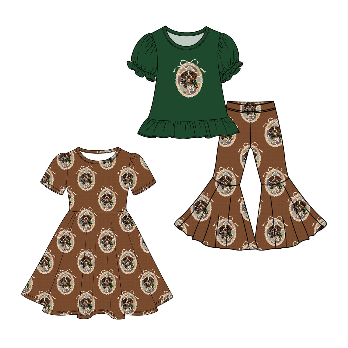 Preorder MOQ 5 pcs Each Style Hunting Mallard Ducks Puppy Bows Kids Matching Clothes