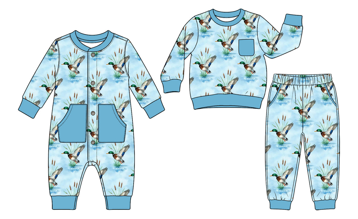 Preorder MOQ 5 pcs Each Style Mallard Ducks Blue Kids Matching Clothes