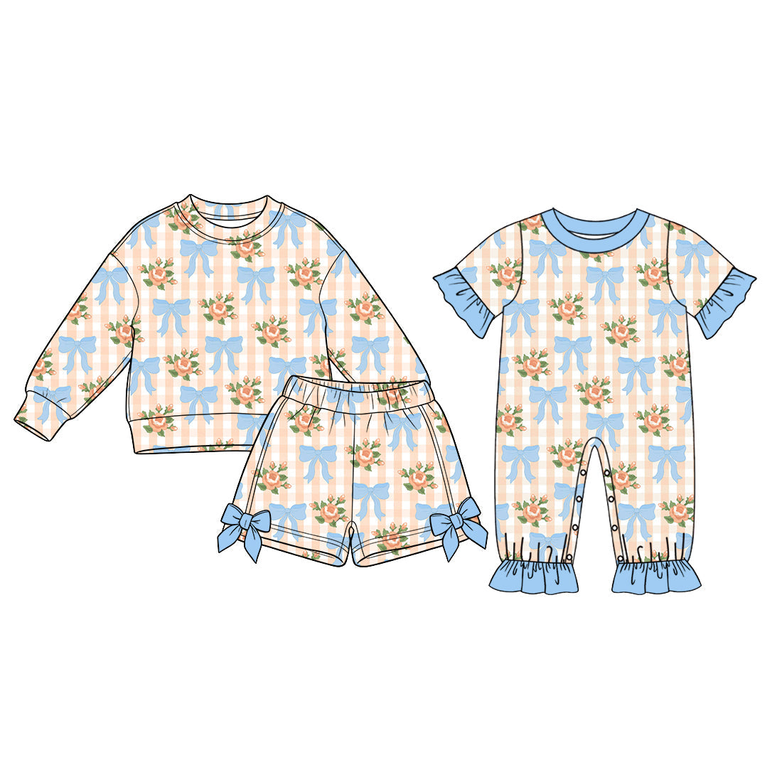 Preorder MOQ 5 pcs Each Style Flower Bows Plaid Kids Matching Clothes