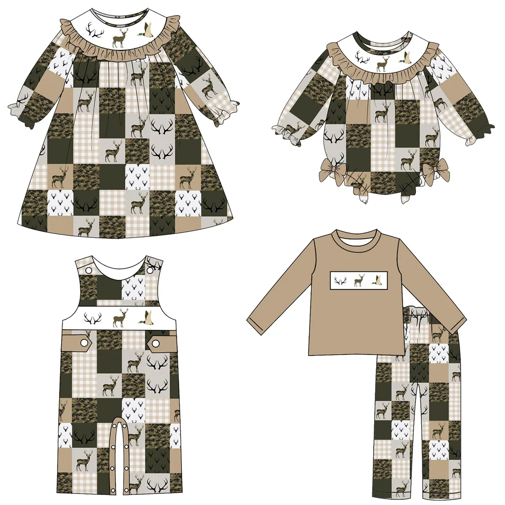 Preorder MOQ 5 pcs Each Style Hunting Camo Deer Plaid Kids Matching Clothes