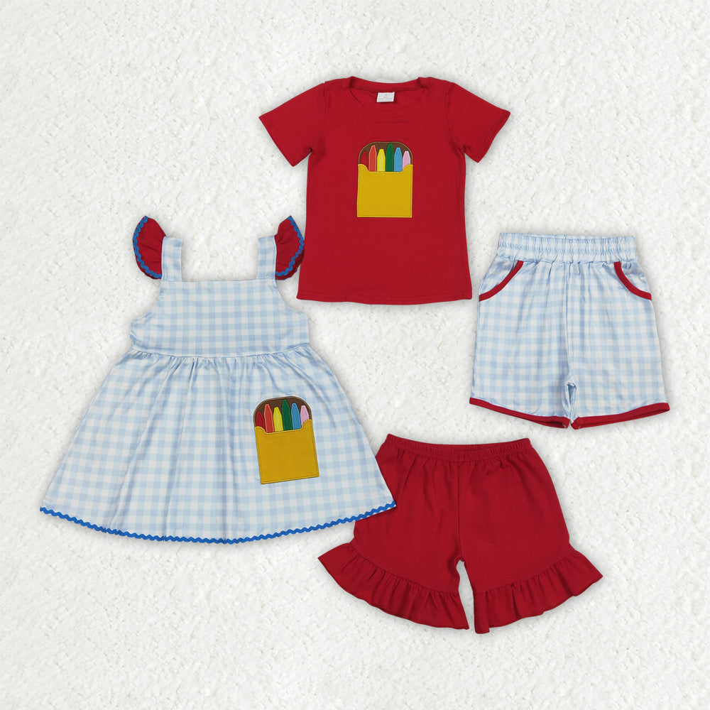 Sibling Matching Clothes Embroidered Back to School Red Short Sleeve Boys Girls Sets 202603 RTS