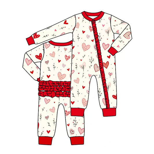 CUSTOM MOQ 5 PCS preorder Valentines Day Love Red Ruffle Zipper Long Sleeve Girls Romper 202511