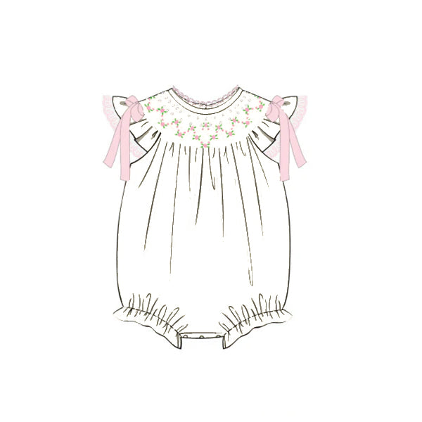 CUSTOM MOQ 5 PCS preorder Flower Pink Bows White Flying Sleeve Girls Bubble Romper 202511
