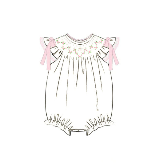 CUSTOM MOQ 5 PCS preorder Flower Pink Bows White Flying Sleeve Girls Bubble Romper 202511