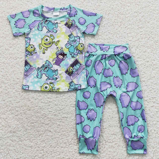 BSPO0122 Blue Green Purple Monster Cartoon Boys Short Sleeve Pants Outfits Pajamas