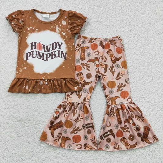 GSPO0611 Halloween Howdy Pumpkin Western Girls Short Sleeve Bell Bottom Pants Outfits