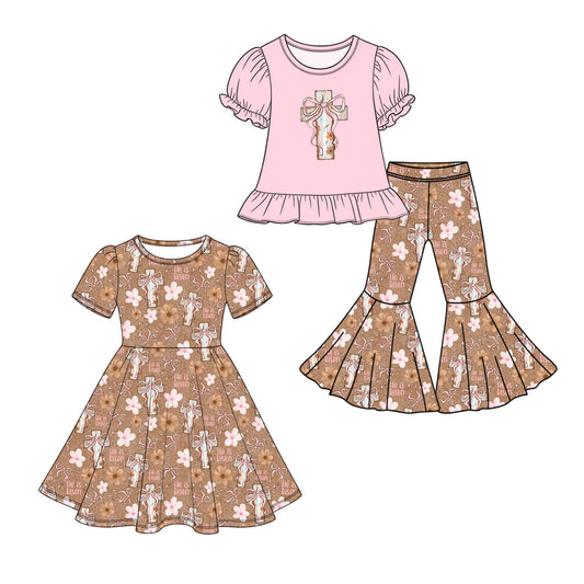 Preorder MOQ 5 pcs Each Style He is Risen Easter Cross Flower Kids Matching Clothes