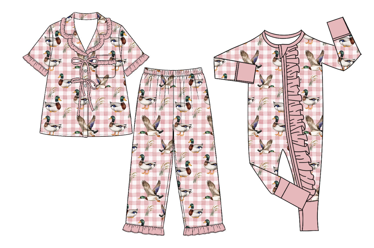 Preorder MOQ 5 pcs Each Style Mallard Ducks Plaid Ruffle Pink Kids Matching Clothes