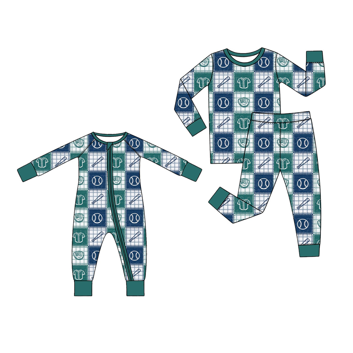 Preorder MOQ 5 pcs Each Style Baseball Blue Green Plaid Pajamas Kids Matching Clothes