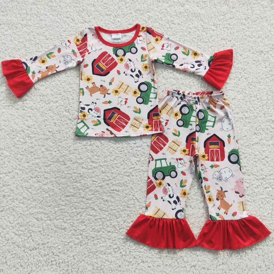 GLP0488 Christmas Red Green Farm Pig Cartoon Girls Long Sleeve Pants Outfits Pajamas