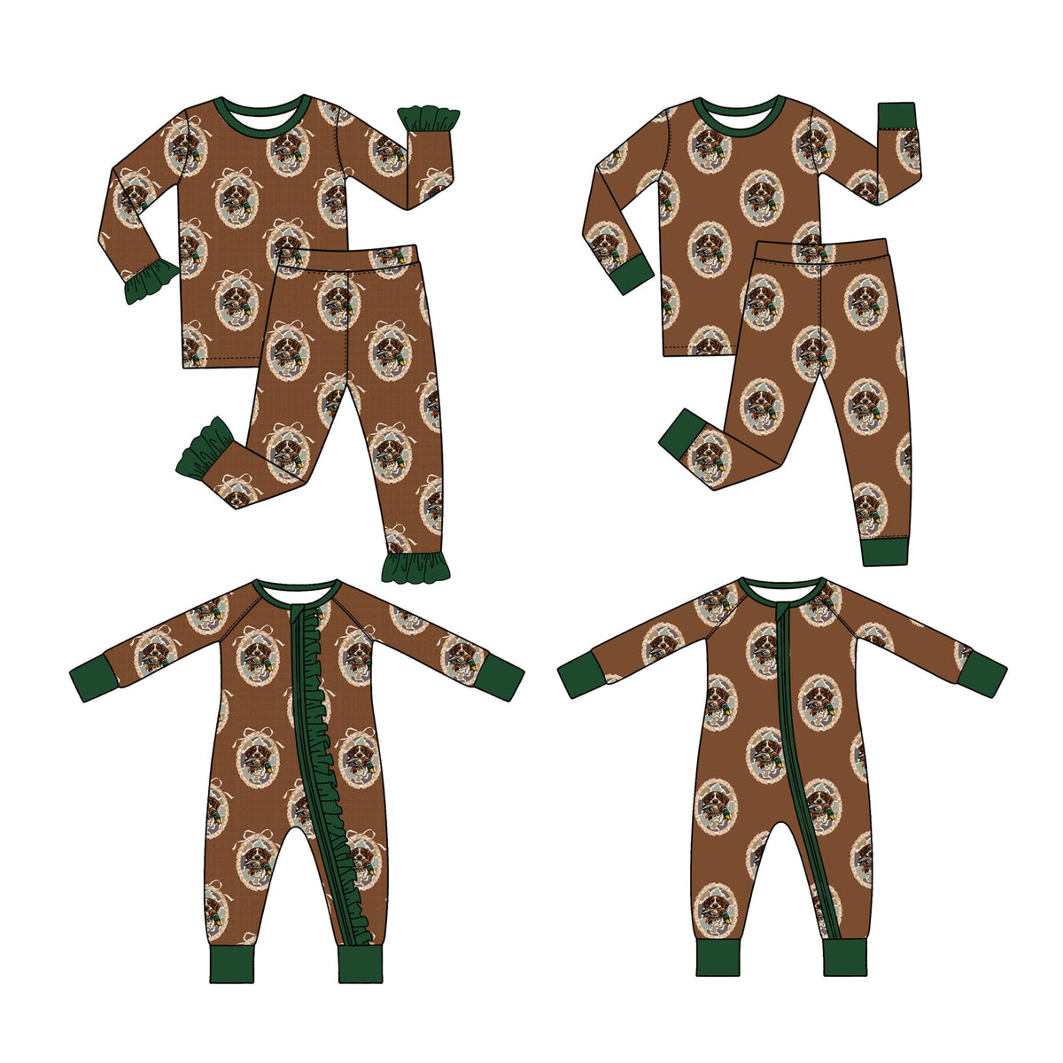 Preorder MOQ 5 pcs Each Style Hunting Duck Puppy Brown Green Pajamas Kids Matching Clothes